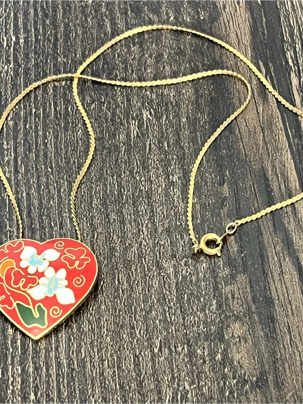 Vintage Cloisonne Red Heart Pendant Necklace Enamel Floral Butterfly Motifs 18
